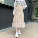 Fongt New Long Lace Layer Patchwork Mesh Skirt Over The Knee A Word Versatile Vertical Skirt Female Autumn-Outfit