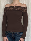 Lace Splice Off Shoulder Long Sleeve Tee-Outfit