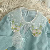 Lolita Blouses Women Mesh Patchwork Flower Embroidery Peter Pan Collar Shirts Flare Sleeve Thin Inside Tops Mujer Autumn-Outfit