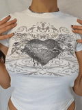 Vintage Heart Print Short Sleeves Tee-Outfit