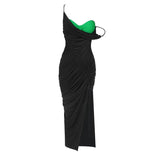 Green Contrast Black Slit Midi Dress-Outfit