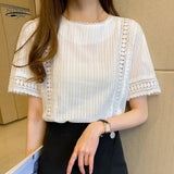 Style Women Short Sleeve Hollow Out Lace Blouse Solid Elegant Office Lady Tops Summer New 2021 White Shirt Blusas