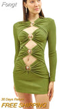 2023 Women's Pure Color Mini Tight Bandage Dress Full Sleeve Hollow Metal Ring Button Design Party Club Dress