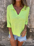 Fongt Women's Summer New Collar Knitted Shirt Seven-Point Sleeve Solid Color Bottom Shirt Women