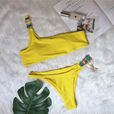 Fongt New Swimsuit Luxury Crystal Diamond Chain Female Split Swimsuit Plain Color One Shoulder Sexy