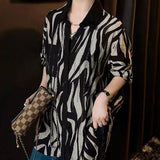 Turn-down Collar Zebra Blouse Spring Autumn Commute Single-breasted Women's Clothing Chic Diamonds Commute Loose Shirt-Outfit