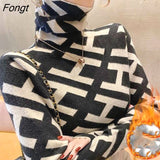 Autumn Winter Turtleneck Letter Printed T-shirt for Female Casual Vintage Slim Long Sleeve Tops Women's Clothing