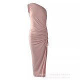 Women's Temperament Commuting List Shoulder Fold V Neck Waist Rope Party Skirt-LZJ1703F Series-Outfit