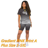 PINK Letter Print Gradient Two Piece Sets Women Round Neck Short Sleeve Top + Shorts Tracksuits Summer Fashion