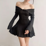 Fongt Winter New Women's Sweet Sexy Pure Desire Slim Thread One Word Shoulder Long Sleeve