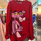 Fongt Women Sweater and Pullovers Loose Style Chic Jumpers 2023 Cartoon Printed Pink The leopard Winter Sweater Pullovers Knitwear 1215-1-Outfit