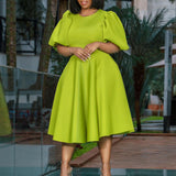 Fongt Round Collar Temperament Bubble Sleeves To Close The Waist Of Elegant A-Character Dress