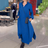 Fongt Summer New Casual Solid Color Loose Thin V Collar Long Sleeve Dress