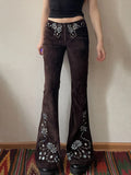 Fongt West Of The Cowboy Wind Plant Flowers Embroidered Low-Waisted Trousers Hottie Water Wash Old Leisure Trousers
