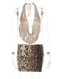 Leopard Print Sequin Backless Halter Top and Mini Skirt Two Piece Set-Outfit