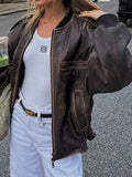 Zip Imitation Old Pilot Jacket Jacket 2024 Fashion Female Long Sleeve Personality Street Jacket-Outfit