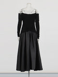Temperament Famous Wind Style Long Dress 2025 New Bosom One-Word Shoulder Design Long-Sleeved Pin Waist Dress
