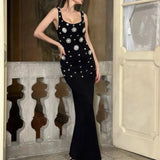 New Atmospheric Slim Slimming Retro Drill Long Dress Black