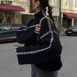 Fongt Women's 2025 Sweater Autumn Round Knitted Shirt To Keep Warm And Catch Chic Color Splicing Wiring Sweater M6221