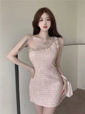 Vintage Small Fragrance Tweed Dress Female Korean Chic Slim One Shoulder Dress Women Elegant Mini Dresses For