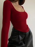 Women Long Sleeve Pullover T-shirt Casual Solid Color Square Neck Crop Tops Streetwear Clubwear Womens