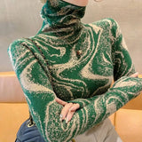 Women's Clothing Vintage Printed Pullovers Casual Turtleneck Autumn Winter Commute Long Sleeve All-match Slim Knitted T-shirt-Outfit