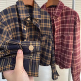 Fongt Plaid Shirt Coat Women Loose Long Sleeve Folding Design Sense Retro Casual Checker Shirt Blouse