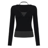Fongt Sweet Style Simple Knitted Shirt Two Sets Of Striped Hanging Neck Hanging Sling + Half-Open Collar Long-Sleeved T-Shirt Top