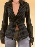 Lace Paneled Long Sleeve Striped Blouse-Outfit