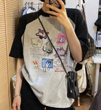 Cartoon Print Raglan Short Sleeve Tee-Outfit