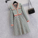 Women Autumn Winter Vintage Plaid Knitted Sweater Dresses 2022 V Neck Striped Patchwork Knitwear Mini Short