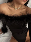Feather Top Long Sleeve T Shirt Women Off Shoulder Body Spring Fall Outfits Bodycon Solid Streetwear Black