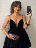 Velvet V-Neck Backless Strap Mini Dress-Outfit