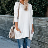 Wise Women's New Round Collar Long Sleeve Pocket T-Shirt Top-Outfit