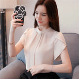 Fongt Jacket Apricot Short Sleeve Small Shirt New Petal Sleeve Ribbon Half Turtleneck Chiffon Shirt Female Summer-Outfit