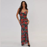 Flower Print Mesh Slip Maxi Dress-Outfit