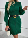 Fongt And Winter New Knitwear Fashion Women's Temperament Mahjong Waist Solid Dress