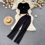 Fongt Female Pleated Drawstring With Short-Sleeved Top Pendant Wide-Leg Pants Two-Piece Set-Outfit