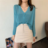 Thin Knit Cardigan Women V-Neck Knitted Casual Transparent Sweater Shirts Lady Simple Solid Outwear for Female-Outfit