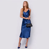 Elegant Satin Spaghetti Stap Dress 2020 New Fashion Sexy V-neck Backless Party Dress Ladies Solid Basic Mid Dress