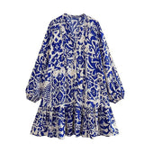 Fongt Single-Dlong Short Dress 2025 Spring/Summer V-Neck Print Long-Sleeved Loose Miniskirt