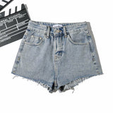 New Summer Solid Color High Waist Show Thin Show Legs Long Cut Edge To Make Old Rough Denim Shorts Women's Pants-Outfit