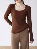 Autumn Long Sleeve Knitted Sweater Pullovers Girls Square Collar Tops Jumpers Women Base Jumper Slim Knitwear-Outfit