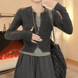 Fongt Dark Gray Slim Fake Two Knitted Shirt Women Autumn New Niche Temperament Thin Sweater Top