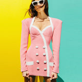 STREET Newest 2022 Designer Dress Women's Extra Shoulder Square Collar Long Sleeve Double Breasted Color Block Mini