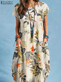 ZANZEA Summer Woman Vintage Dress Bohemian Floral Printed Holiday Casual Robe Vestidos O-Neck Short Sleeve Knee-length