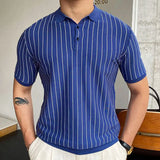 Fongt Men's Summer New Striped Knit Dresses Short Sleeves Clip Business Polo