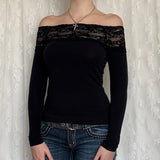 Fongt Hot Girl One Word Shoulder Lace Splicing Long Sleeve T Shirt Female New Slim Solid Color Bottom Top-Outfit