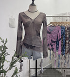 Dizziness Printing Mesh T-Shirt T-Shirt Irregular Lotus Leaf Side Ribbon Short Coat