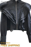 Women O-neck Ruffle Patchwork Decoration Zipper Design Chiffon Blouses Long Sleeve Short Coat Elegant Shirt Casual Baggy